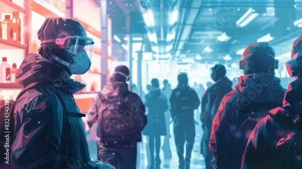 Fototapeta Pandemic Response: hand sanitizers, and healthcare workers in protective gear.