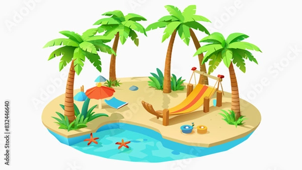 Fototapeta An idyllic tropical beach with soft white sand and palm trees swaying in the gentle breeze. The water is a stunning shade of turquoise with schools of. Cartoon Vector.