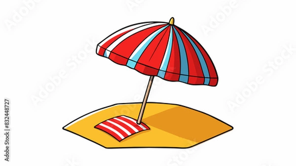 Fototapeta On a sunny beach there is a bright red beach umbrella stuck in the sand. The umbrella has a colorful striped design and provides shade for a nearby. Cartoon Vector.