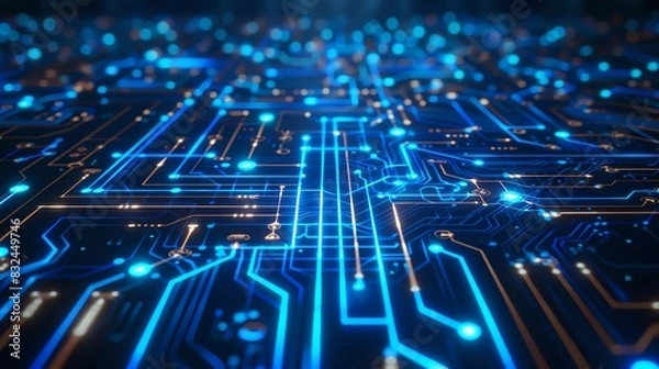 Fototapeta Hightech circuit lines, blue glow, dark backdrop, 3D rendering, modern technology aesthetic