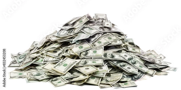 Fototapeta A large pile of American dollar bills isolated on a white background.