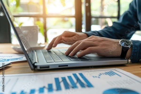 Obraz Focused on Business: Hands Typing on Laptop with Charts and Graphs.