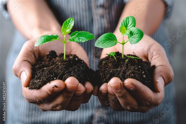 Fototapeta Unrecognisible man holding a green seedling growing in soil in his each hands. Organic farmer protecting a young plants. Sustainable farmer planting a saplings on the farm