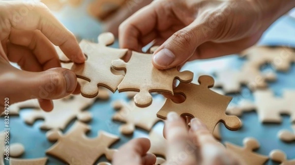 Fototapeta Teamwork concept with hands and puzzle pieces. Multiple hands fitting puzzle pieces together