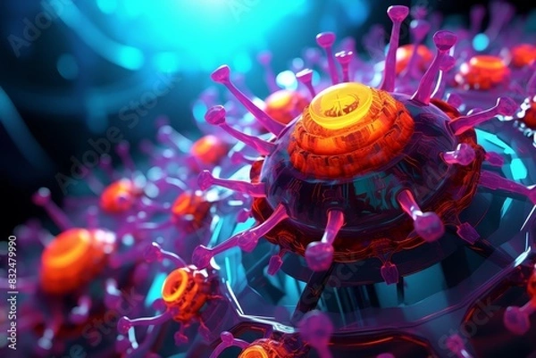 Obraz 3D wallpaper of a virus structure, high magnification, bright neon colors, abstract scientific theme