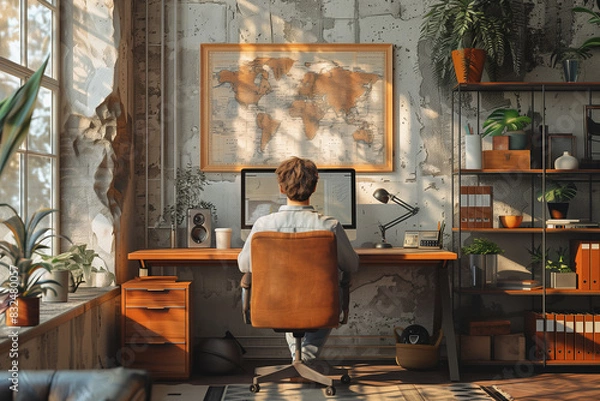 Fototapeta Professional working at a desk in a home office, 3d render