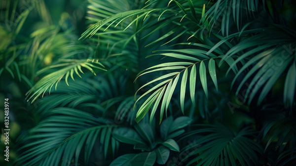 Fototapeta Close-up of a single, green palm leaf showing its natural veins and texture
