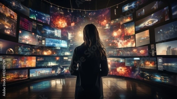 Fototapeta Person enveloped by a video wall displaying multiple streaming channels on TV screens close up, streaming world, realistic, composite, hightech backdrop