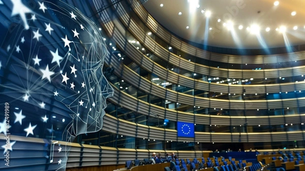 Fototapeta Symbols for Upcoming European Parliament Elections, European Union flag motif against a backdrop of multiple waving EU flags