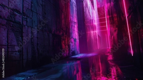 Obraz A futuristic wasteland, neon lights reflecting off abstract shapes, digital art with a wide-angle lens Unconventional camera angles create a dramatic sense of unease