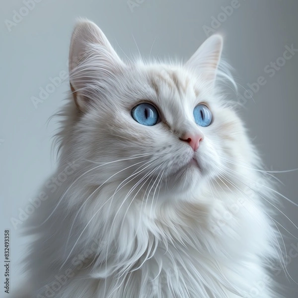 Fototapeta Fluffy white cat sitting on an isolated light grey background, looking directly at the camera with vivid blue eyes, ample space for text