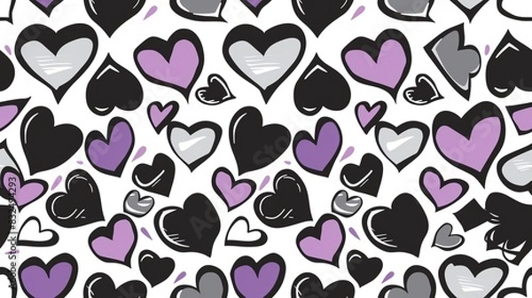 Fototapeta Seamless pattern of hand-drawn Asexual Pride flags and hearts, creating a supportive design with black, gray, white, and purple colors