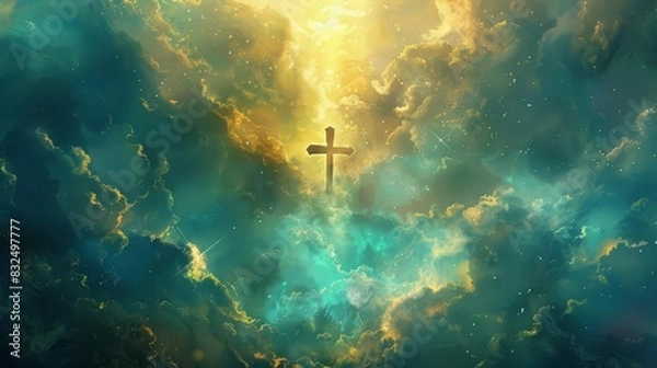 Fototapeta luminous cross breaking through clouds heavenly light tranquil skyblue and resplendent golden hues digital painting