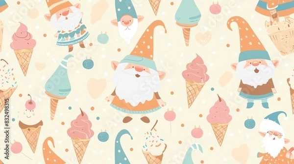 Fototapeta Pastel colors seamless pattern with gnomes surrounded by ice cream scoops and cones, for a gentle and inviting style