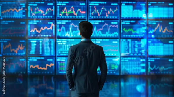 Fototapeta A stockbroker in a suit standing with their back to the camera, facing a busy trading floor with large screens displaying stock prices and trends, emphasizing the fast-paced world of stock trading.
