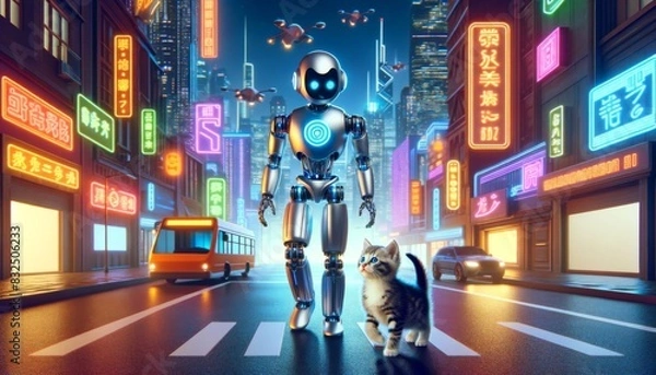 Fototapeta Futuristic City Adventure: Kitten and AI Robot