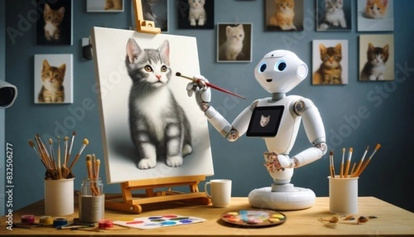 Fototapeta Kitten as Muse for Artist AI Robot