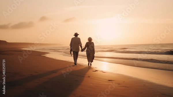 Fototapeta Happy senior man and woman old retired couple walking and holding hands on a beach at sunset 