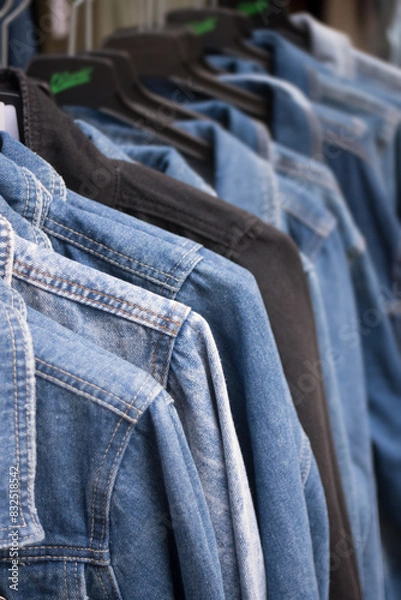 Obraz Closeup of blue jeans jackets on hangers in the fashion store showroom in the street