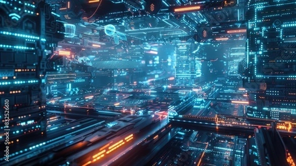 Fototapeta A realistic 4K image of a futuristic global logistics hub with interconnected digital systems