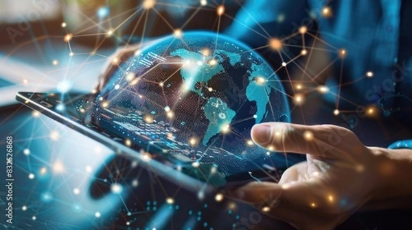 Fototapeta A digital strategist developing a global outreach plan using a high-resolution tablet