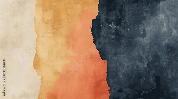 Fototapeta Abstract painted background with textured color blocks in beige, orange, and dark blue for creative designs and artistic projects.