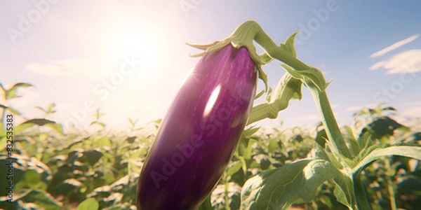 Obraz There is a Eggplant field background with sun shine, Eggplant growing on a field low angle shot with cloudy blue sky and sun, GENERATIVE AI

