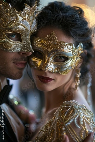 Fototapeta An elegant couple wearing intricately designed gold masquerade masks, exuding mystery and sophistication at a glamorous event.