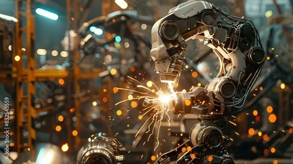 Obraz Robotic arm performing welding on a car chassis in a modern automotive factory. The image captures the precision and efficiency of automation technology, 
