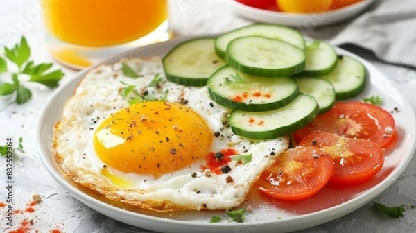 Fototapeta Nutritious morning meal  fried egg, fresh vegetables, and orange juice on white table