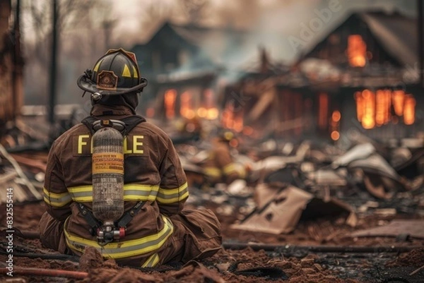 Obraz A solemn firefighter sitting on the ground, gazing at the aftermath of a devastating urban fire.