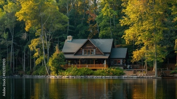 Obraz A serene lakeside cabin with earth-tone exterior, surrounded by trees in shades of green and brown