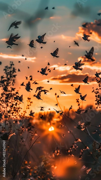 Fototapeta A group of birds in flight, silhouetted against an orange and sunset sky.