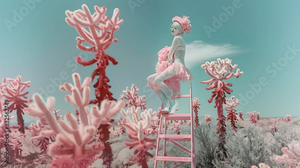 Fototapeta Wwoman in Pink Clothing Sitting on Pink Ladder, Fashion Photography