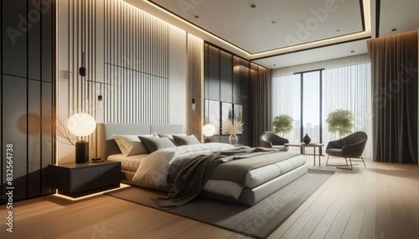 Fototapeta A stunning modern bedroom design, featuring a minimalist aesthetic with clean lines and muted colours interior of the bedroom