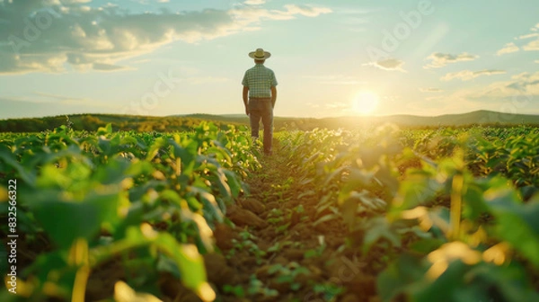 Obraz A farmer works on a plantation looking at crop development on a tablet