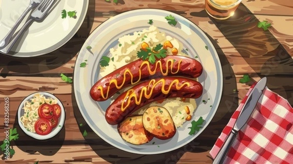 Fototapeta Large German sausages served with mustard and sides such as mashed potatoes and sauerkraut. on a European style food plate