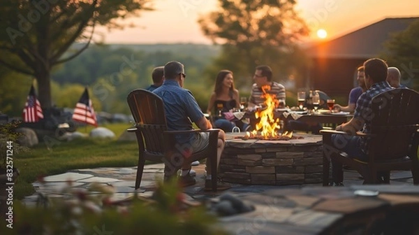 Obraz Friends and family gathered around a fire pit in the backyard, enjoying the sunset.