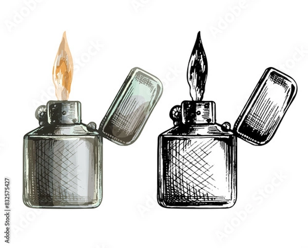 Obraz Metal open handle lighters with flame. Vintage vector hatching black hand drawn illustration