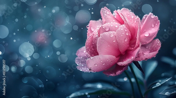 Fototapeta Peony flower, water drops, dark nature bokeh background, copy space
