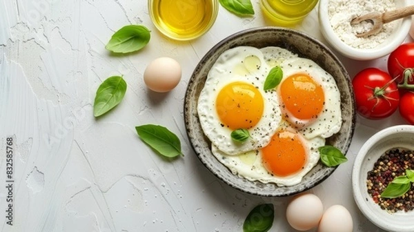 Fototapeta Meal preparation moment for the ketogenic eggs diet, with fresh ingredients and a mix of vibrant colors, white background, flat lay, healthy eating concept, banner, empty space