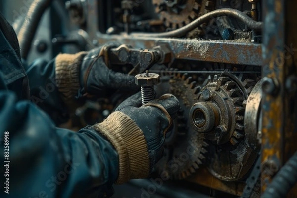 Fototapeta A close-up view of a gloved hand carefully tightening a bolt on a complex machine generated by AI