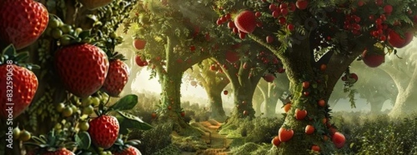 Obraz A fantasy forest where fruits and vegetables grow as vitamin pills generated by AI