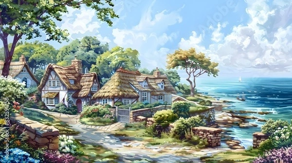 Obraz Whimsical Thatched Roof Cottages Nestled in a Charming Seaside Hamlet with Picturesque Ocean Vistas and a Serene Pastoral Backdrop