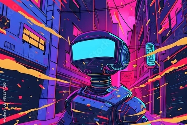Fototapeta Overwhelmed Futuristic Robot Navigates Chaotic Neon Lit Cityscape in Pixel Art Animation
