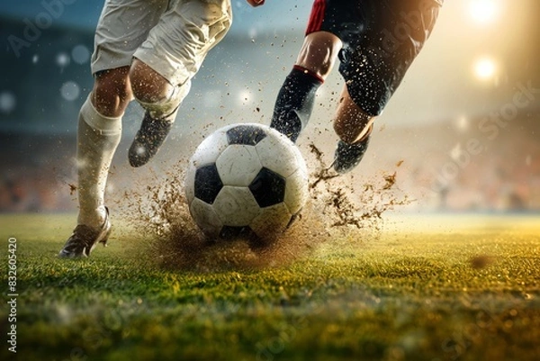 Fototapeta Soccer players dribbling struggling and kicking a ball on a field