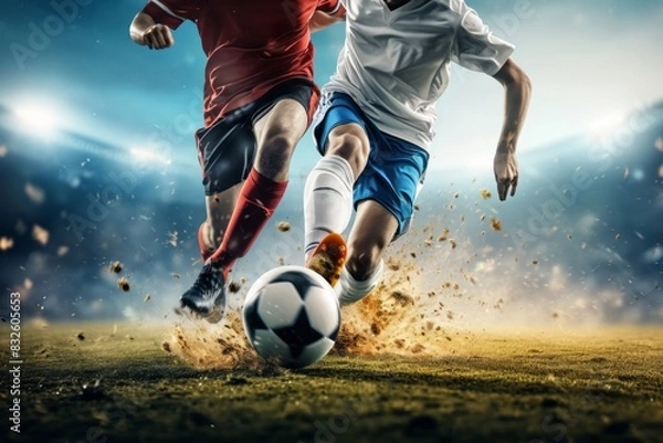 Fototapeta Soccer players dribbling struggling and kicking a ball on a field