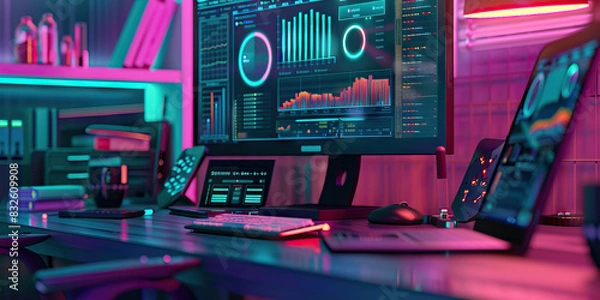 Fototapeta Close-up of a data scientist's desk with data analytics software and datasets, illustrating a job in data science