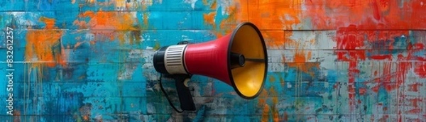 Obraz Artistic expression meets activism with a megaphone set against a colorful, painted background, echoing the power of speech