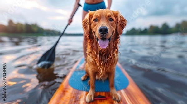 Fototapeta Woman with dog sup boarding, enjoying summer adventure on blue waters, practicing skills